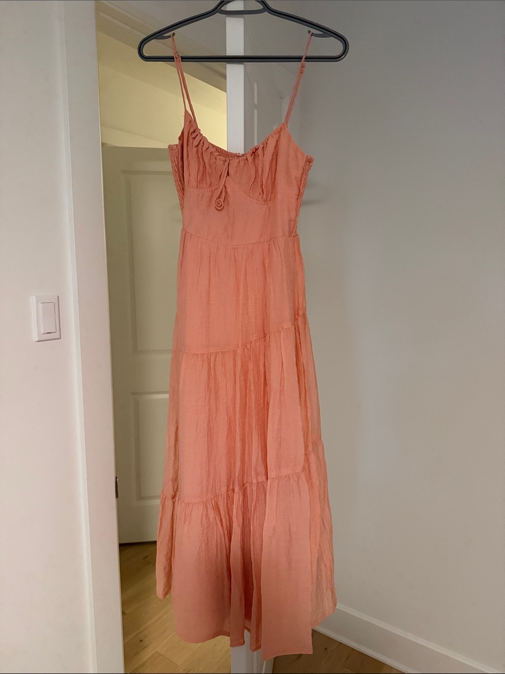 Spaghetti-Strap Peach Maxi Dress with Tiered Skirt